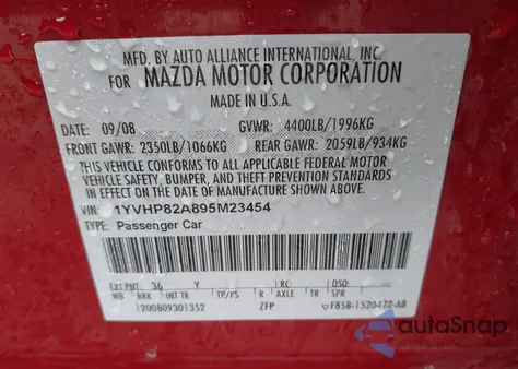 2009 Mazda Mazda6 I Grand Touring z USA, uszkodzony, nr VIN 1YVHP82A895M23454